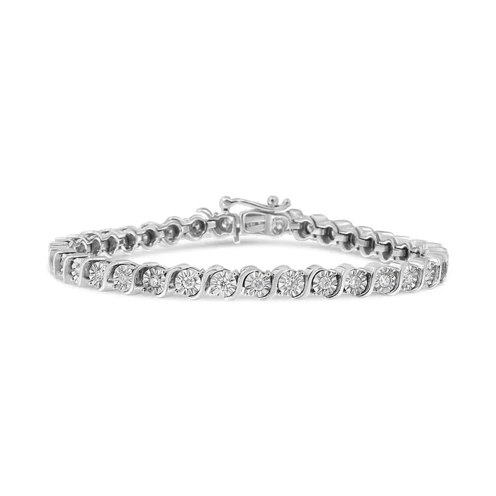 14K White Gold 1.00 Cttw Lab Grown Diamond Round Miracle Plate and “S” Link Tennis Bracelet (F-G Color, VS2-SI1 Clarity) Size 7″