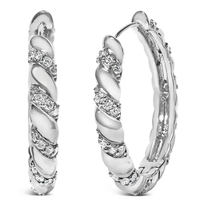 14K White Gold 1 1/5 Cttw Lab Grown Diamond Swirl Design 1″ Inch Hoop Earrings (F-G Color, VS1-VS2 Clarity)