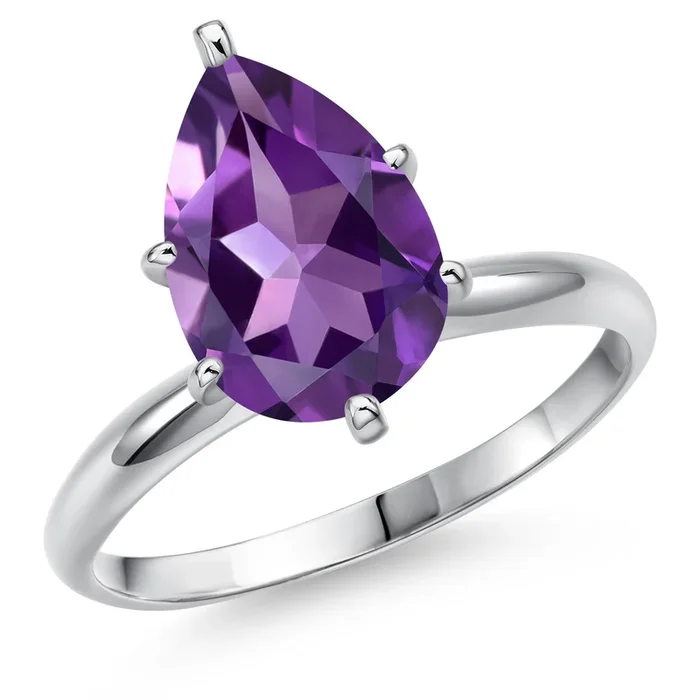 14K White Gold 12X8MM Pear Shape Gemstone Birthstone Solitaire Engagement Ring | Wedding Anniversary Promise Gold Ring For Women | Available In Size 5, 6, 7, 8, 9
