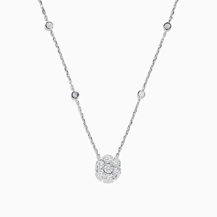 14K White Gold 18″ Diamond Station and Flower Cluster Necklace, 1.51 TCW