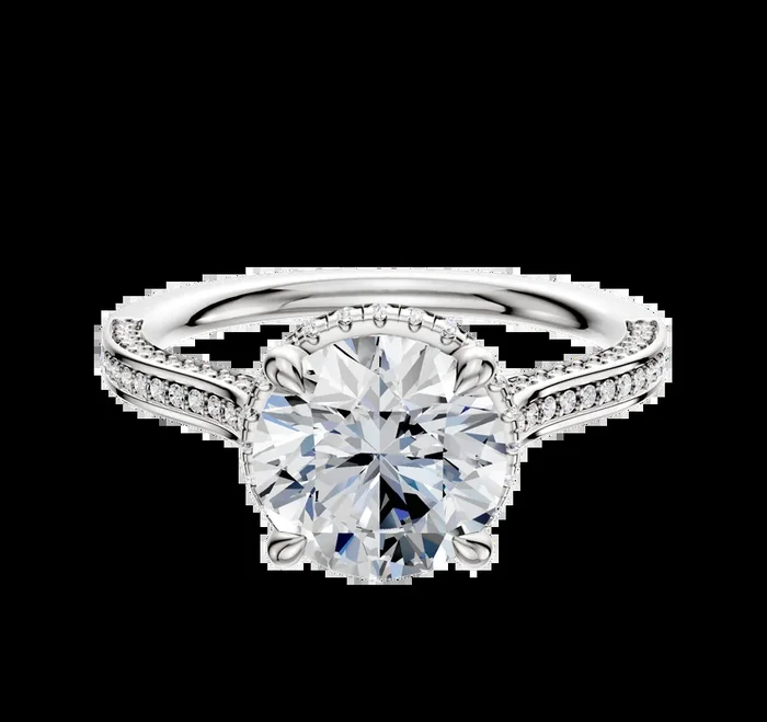14K White Gold 4 Prong Collar Cathedral Flat 3-Row-Pave 2.0mm Engagement Ring