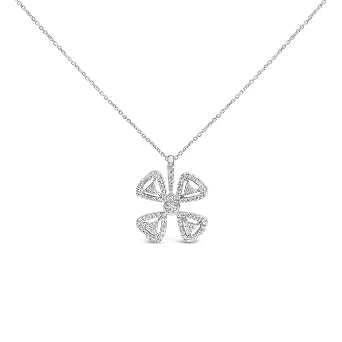 14K White Gold 5/8 Cttw Diamond 4 Leaf Floral Pendant Necklace (H-I Color, I1-I2 Clarity) – 18″ Inches