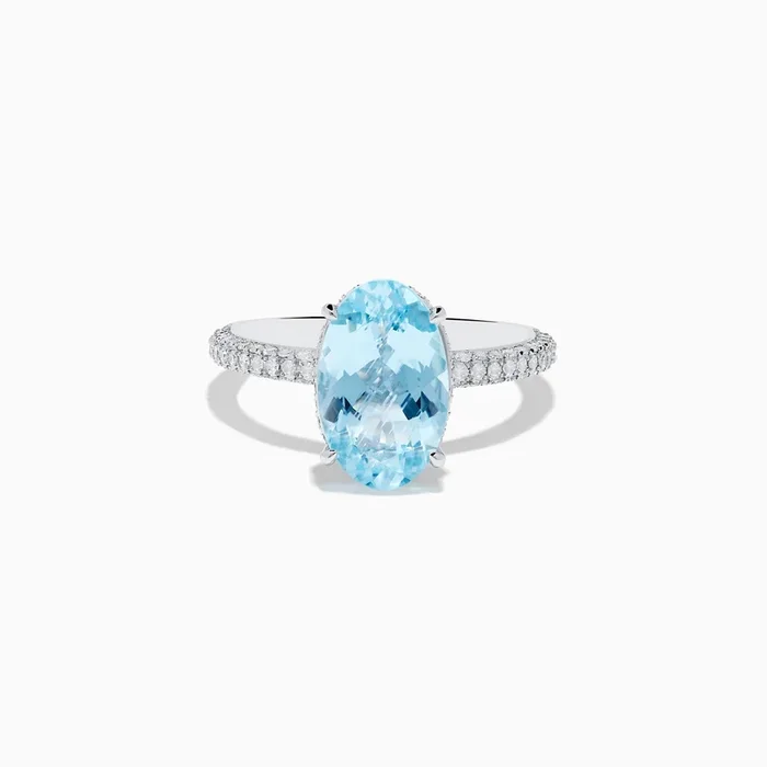 14K White Gold Aquamarine and Diamond Double Hidden Halo Ring