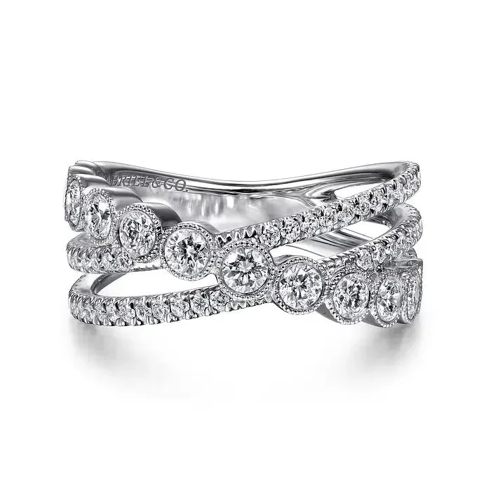 14K White Gold Bezel Criss Cross Diamond Ring