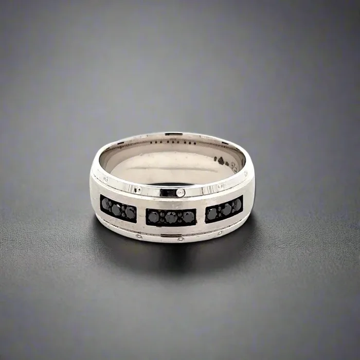 14K White Gold Black Diamond Brushed + Polished Men’s Band Ring