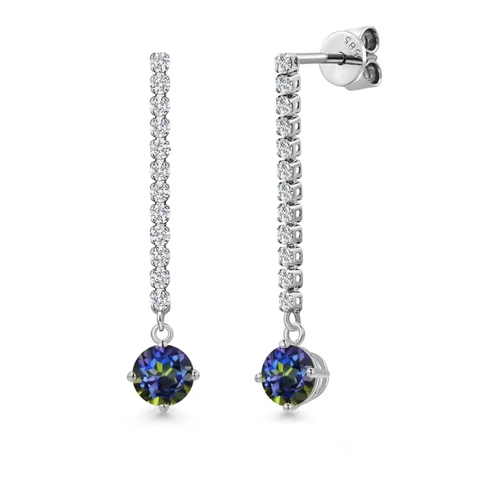 14K White Gold Blue Mystic Topaz and White Lab Grown Diamond Long Liner Dangle Earrings for Women | 1.36 Cttw | Gemstone November Birthstone | Round 5MM | White Gold Chain Drop Earrings