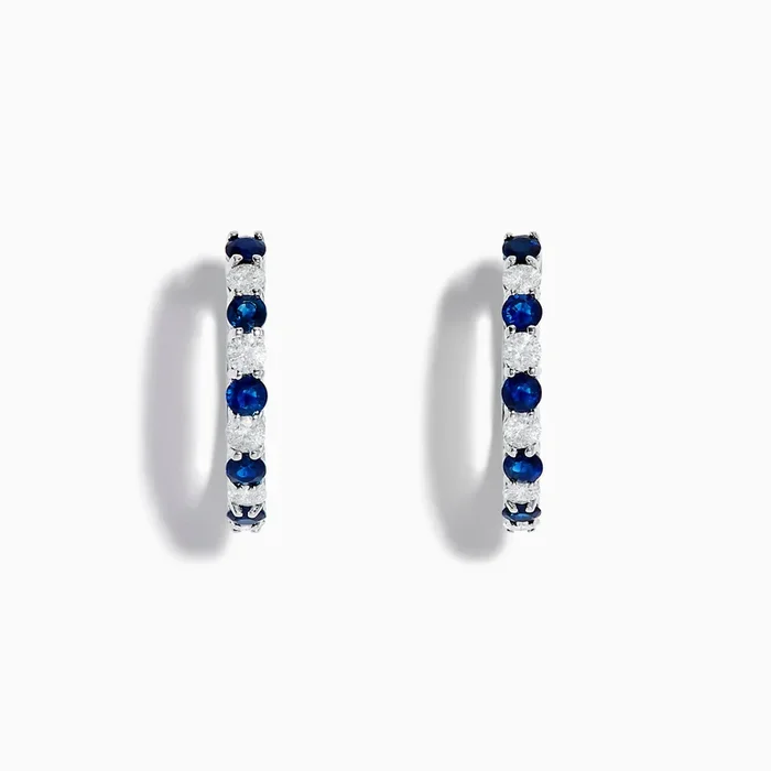 14K White Gold Blue Sapphire & Diamond Hoop Earrings, 1.35 TCW