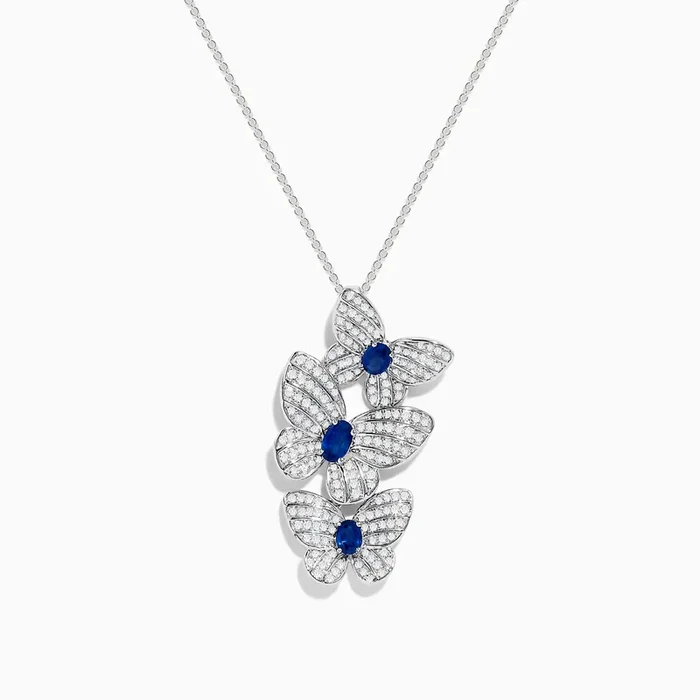 14K White Gold Blue Sapphire and Diamond Multi Butterfly Pendant