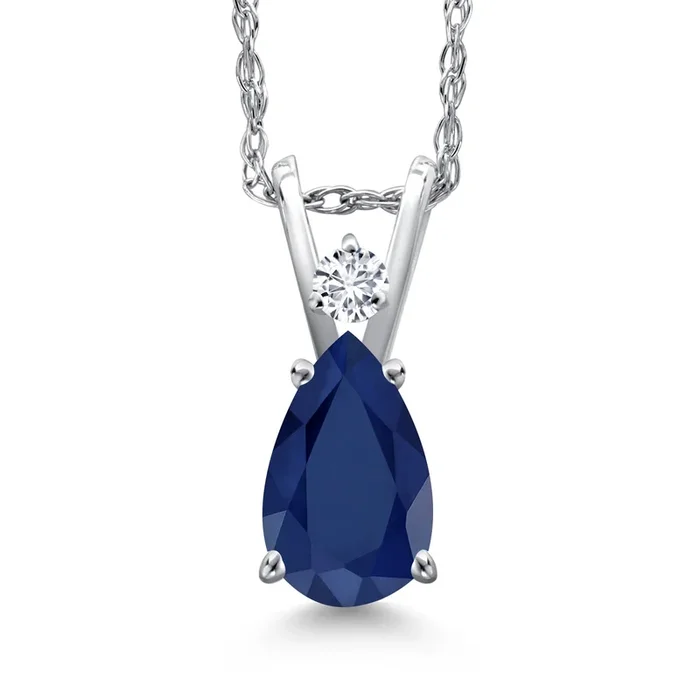 14K White Gold Blue Sapphire and White Diamond Pendant Necklace for Women | 0.92 Cttw | Gemstone September Birthstone | Pear Shape 7X5MM | With 18 Inch Chain