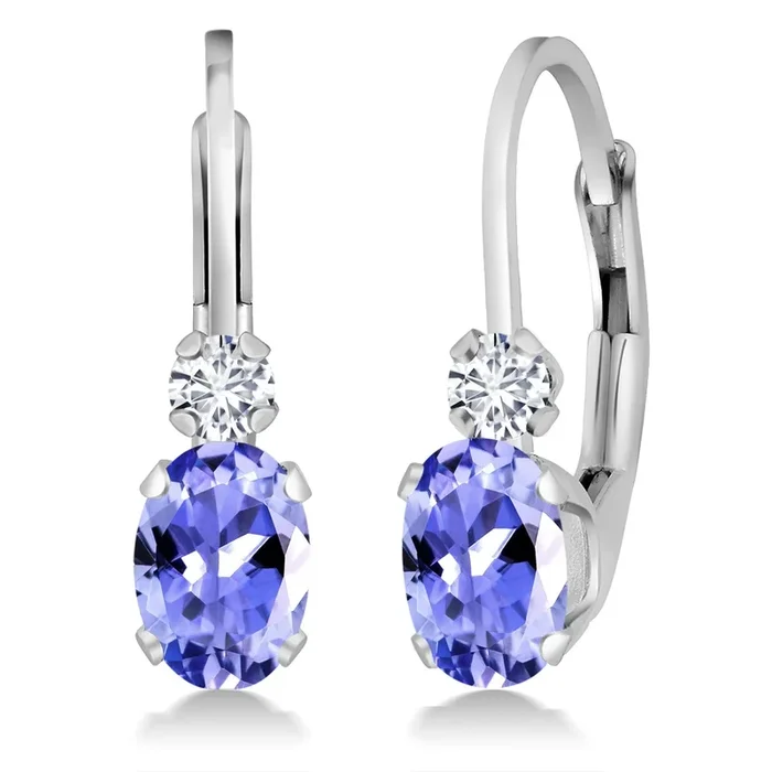14K White Gold Blue Tanzanite and White Diamond Leverback Earrings For Women | 0.97 Cttw | Gemstone December Birthstone | Oval 6X4MM, Round 2MM | 3/4 Inch