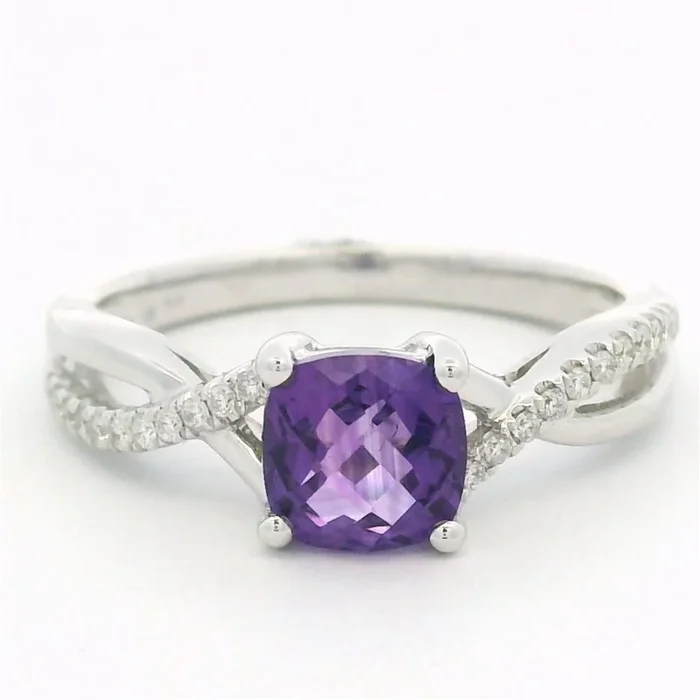 14K White Gold Checkerboard Cushion Amethyst Contemporary Ring