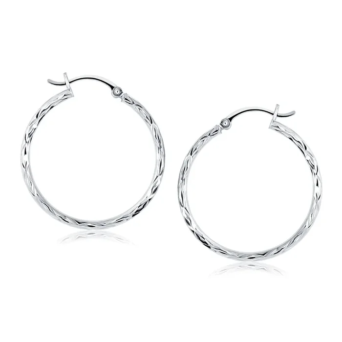 14k White Gold Diamond Cut Hoop Earrings