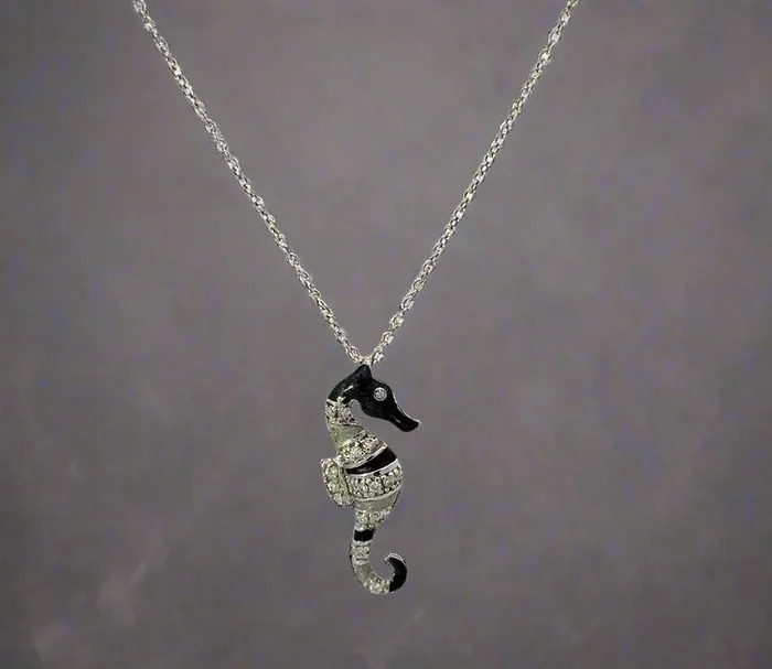 14K White Gold Diamond Seahorse Necklace