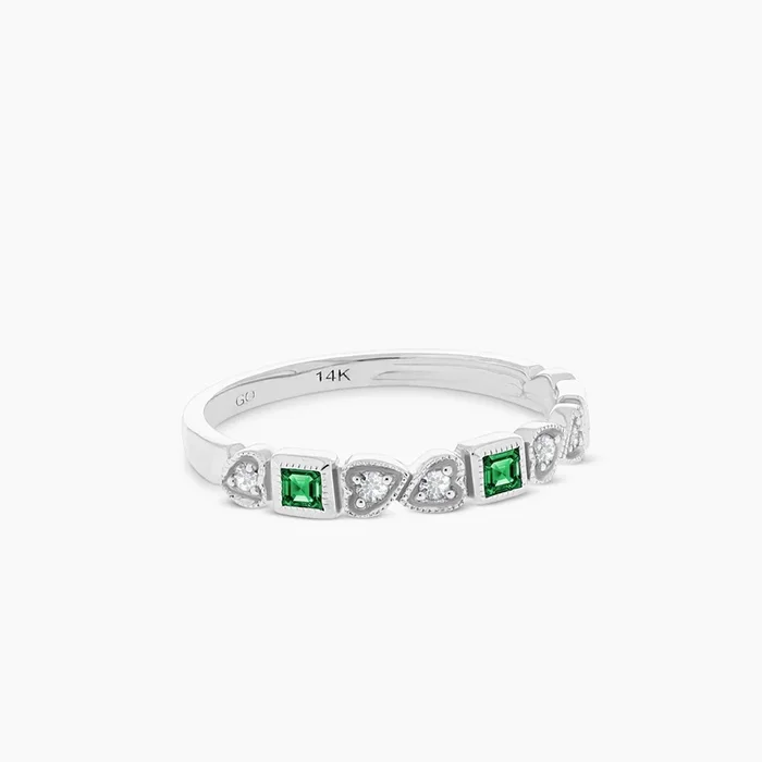 14K White Gold Emerald and Diamond Stackable Band