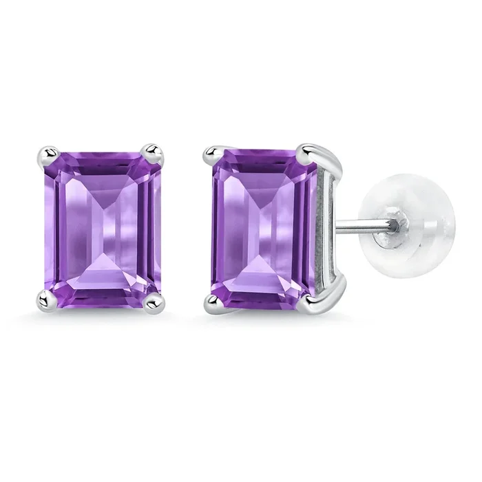 14K White Gold Gemstone Birthstone Stud Earrings | Emerald Cut 8X6MM | White Gold Earrings For Women Men