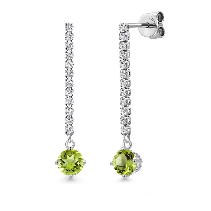 14K White Gold Green Peridot and White Lab Grown Diamond Long Liner Dangle Earrings for Women | 1.46 Cttw | Gemstone August Birthstone | Round 5MM | White Gold Chain Drop Earrings