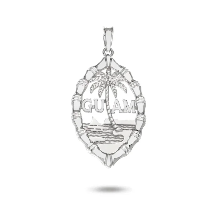 14K White Gold Guam Seal Thick Bamboo Pendant
