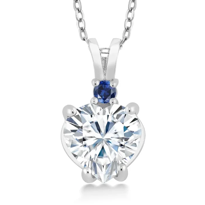 14K White Gold IGI Certified Lab Grown Diamond and Blue Created Sapphire Heart Pendant Necklace For Women | Heart Shape 2 Ct | E-F Color | VS1-VS2 Clarity | With 18 Inch Chain