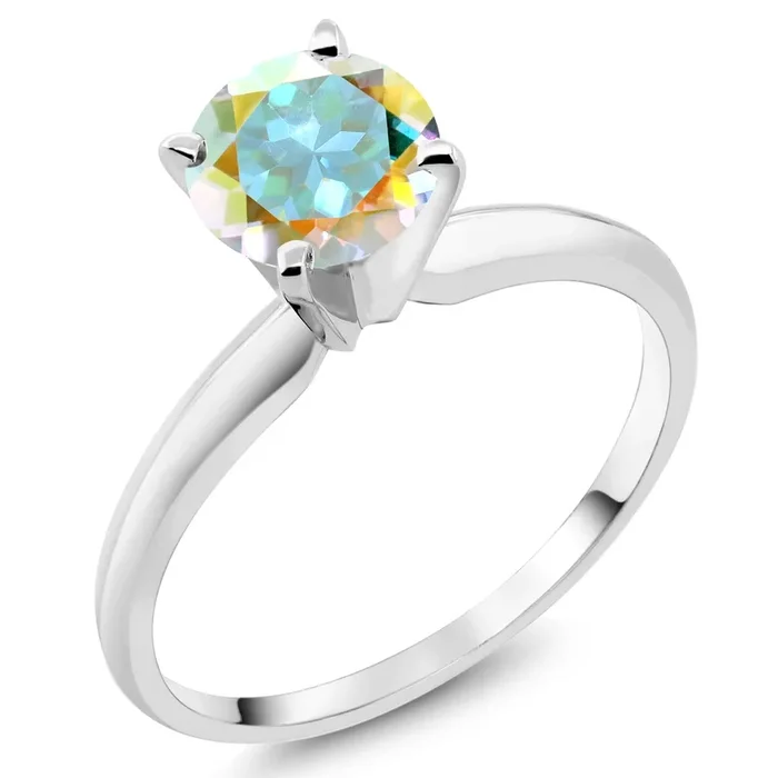 14K White Gold Mercury Mist Mystic Topaz Solitaire Engagement 4-Prong Ring For Women | 1.00 Cttw | Round 6MM | Gemstone Birthstone