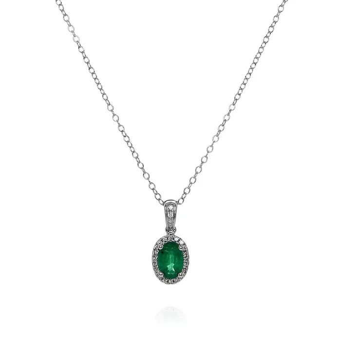 14k White Gold Oval Emerald and Diamond Halo Pendant Necklace