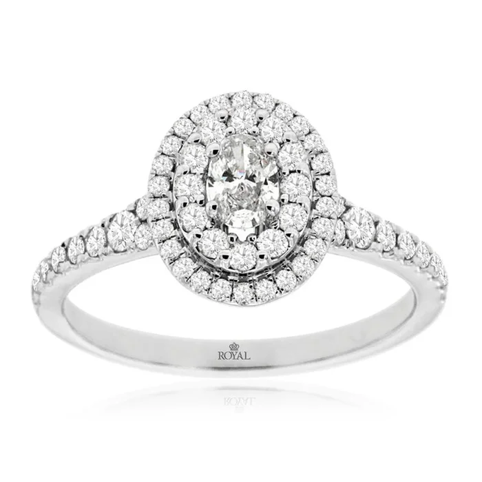 14K White Gold Oval Natural Diamonds Double Halo Engagement Ring
