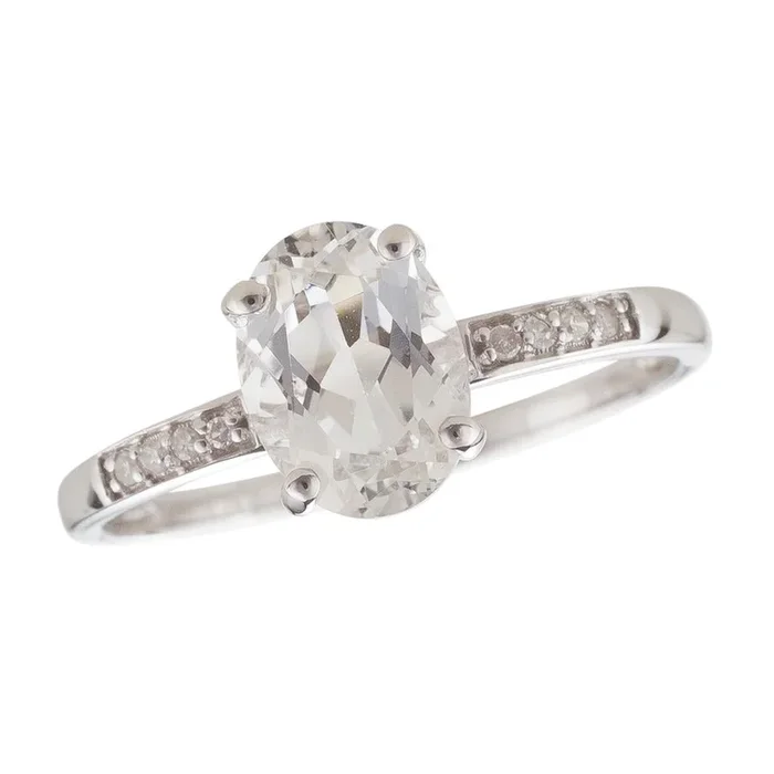 14K White Gold Oval White Topaz Classic Ring