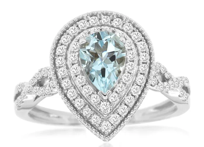 14K White Gold Pear Aquamarine And Diamond Halo Ring