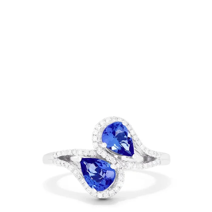 14K White Gold Pear Shaped Tanzanite and Diamond Bypass Ring, 0.74 TCW