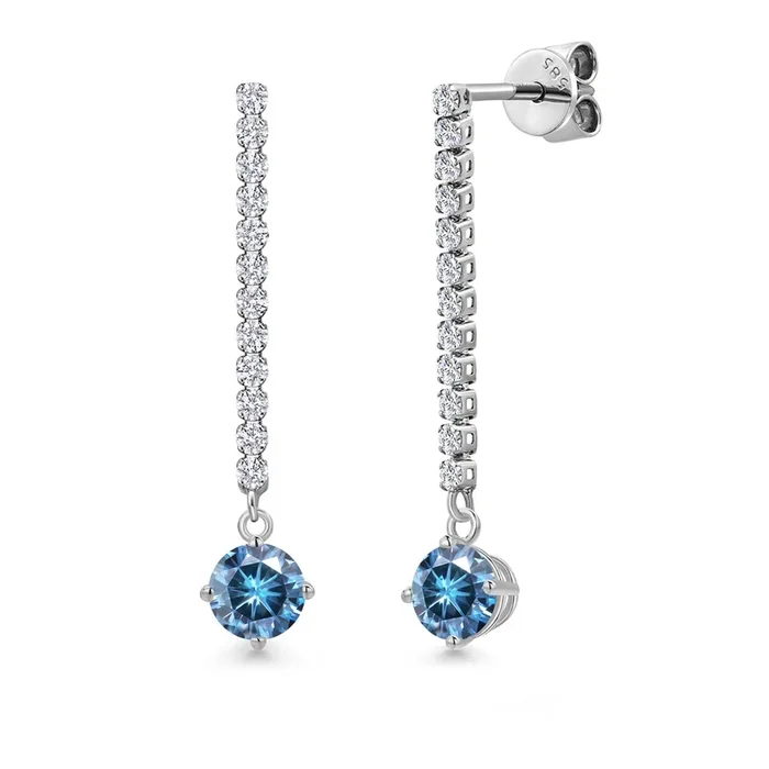14K White Gold Persian Blue Moissanite and White Lab Grown Diamond Long Liner Dangle Earrings for Women | 1.36 Cttw | Gemstone Birthstone | Round 5MM | White Gold Chain Drop Earrings