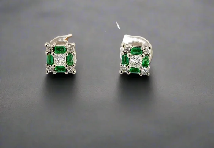 14K White Gold Princess-Cut Diamond + Emerald Gemstone Square Art Deco Stud Earrings