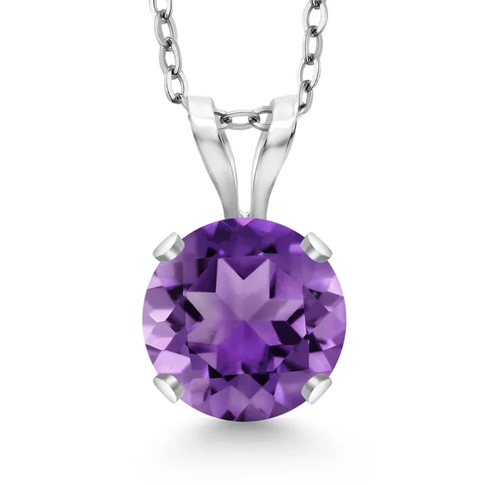 14K White Gold Purple Amethyst Pendant Necklace for Women | 1.00 Cttw | Gemstone February Birthstone | Round 6MM | With 18 Inch Silver Chain