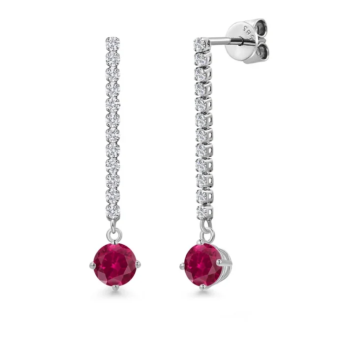 14K White Gold Red Created Ruby and White Lab Grown Diamond Long Liner Dangle Earrings for Women | 1.56 Cttw | Gemstone July Birthstone | Round 5MM | White Gold Chain Drop Earrings