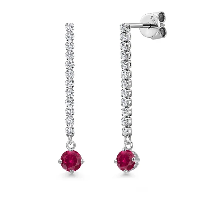 14K White Gold Round 4MM Gemstone Birthstone and White Lab Grown Diamond Long Liner Dangle Earrings for Women | White Gold Chain Drop Earrings