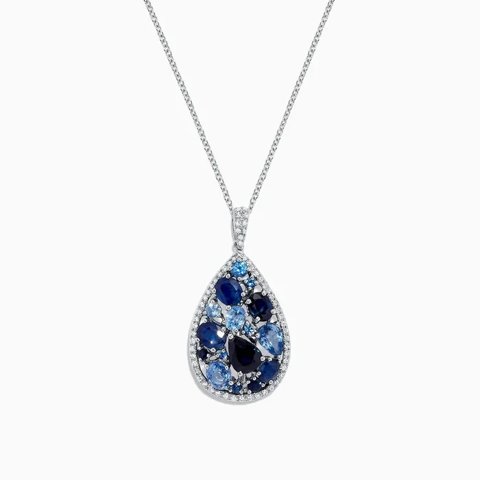 14K White Gold Sapphire and Diamond Drop Pendant, 3.80 TCW