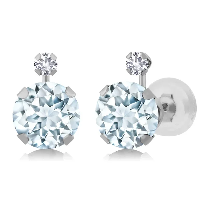 14K White Gold Sky Blue Aquamarine and White Created Sapphire Earrings For Women (1.58 Cttw, March Birthstone, Round 6MM)