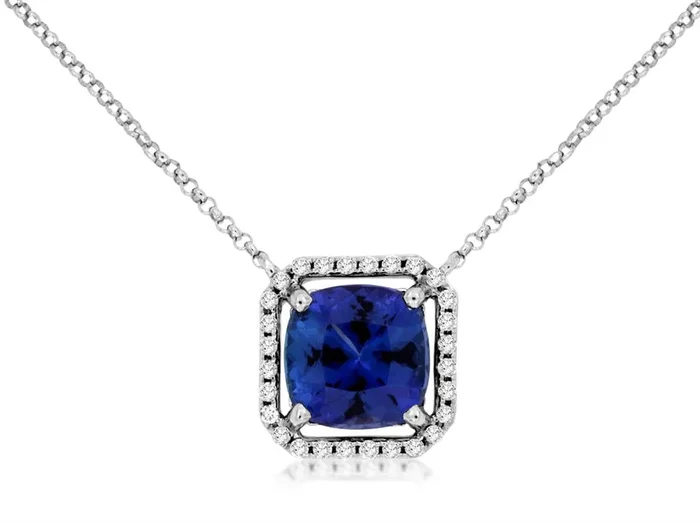 14K White Gold Tanzanite Halo And Diamond Necklace