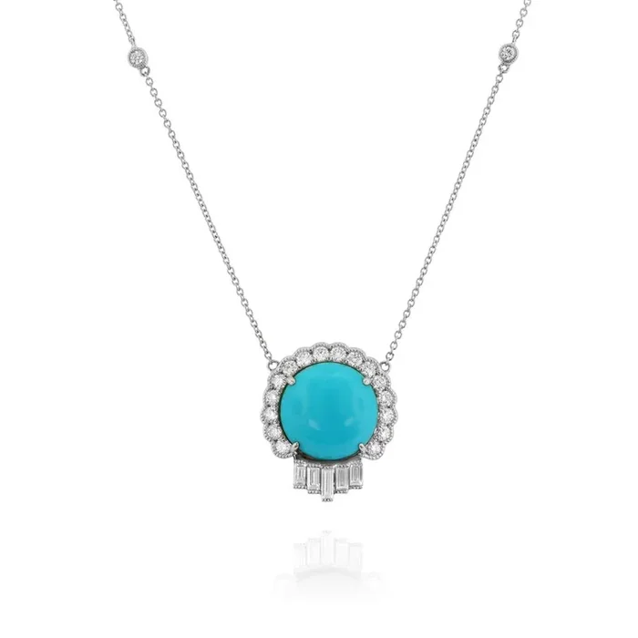 14K White Gold Turquoise Halo Necklace