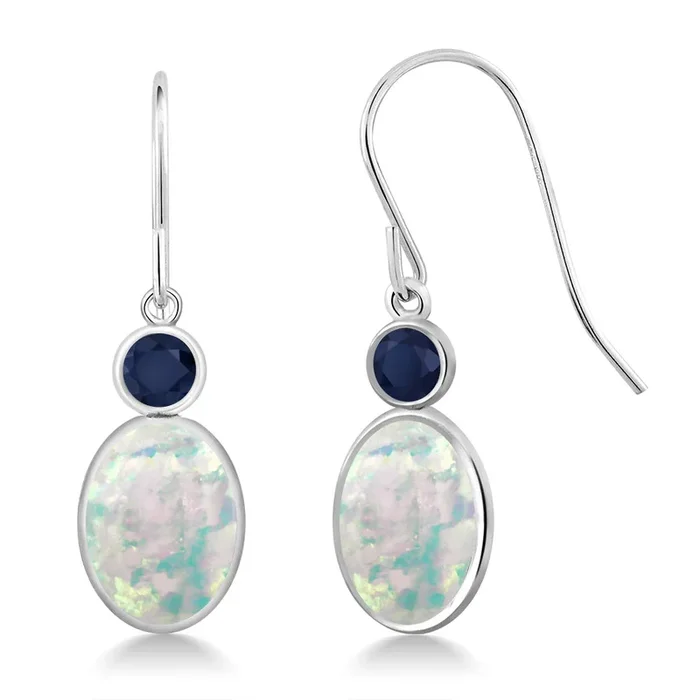 14K White Gold White Simulated Opal and Blue Sapphire Hook French Fish Ear Wire Dangle Earrings For Women (2.36 Cttw, Gemstone October Birthstone, Oval Cabochon 8X6MM, Round 3MM)