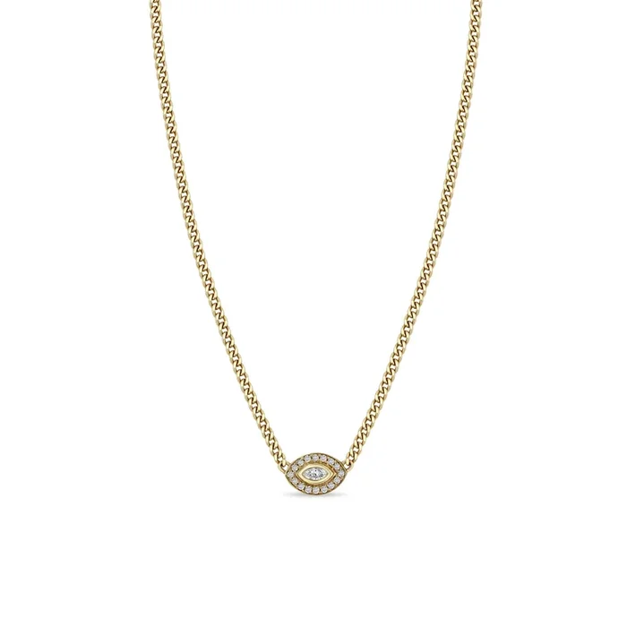 14k XS Curb Chain Marquise Diamond Halo Necklace