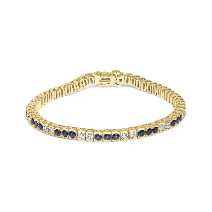 14K Yellow Gold 1 3/4 Cttw Diamond and 5.0 Cttw Blue Sapphire Bezel Set Tennis Bracelet (G-H Color, SI1-SI2 Clarity) – 7″ Inches