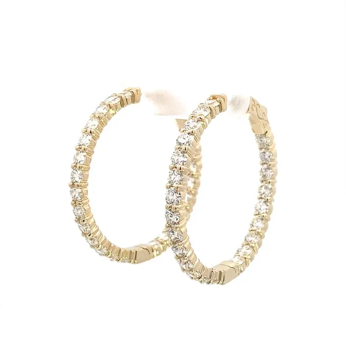 14K Yellow Gold 35Mm Round Inside Out Natural Diamonds Hoop Earrings