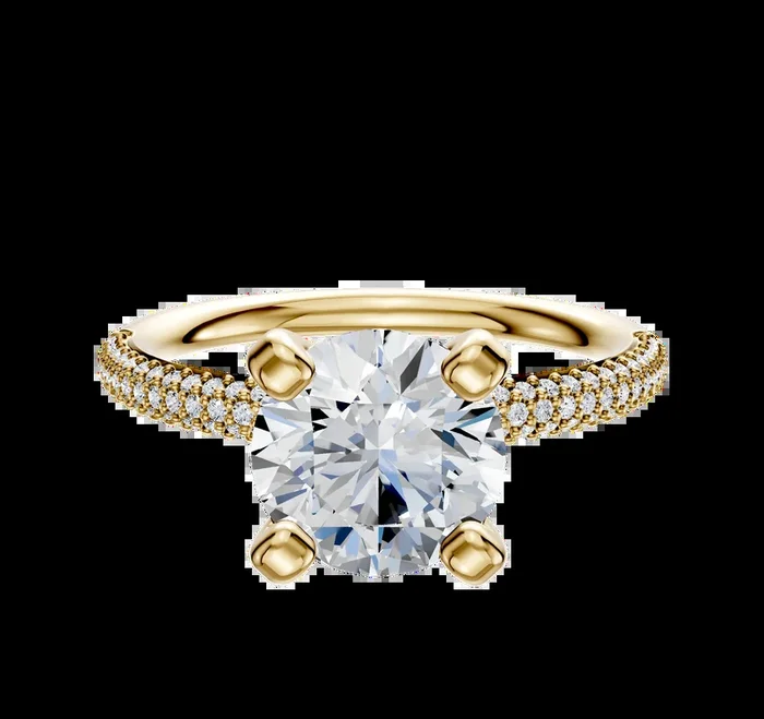 14K Yellow Gold 4 Prong Classic Dome 3-Row-Pave 2.0mm Engagement Ring