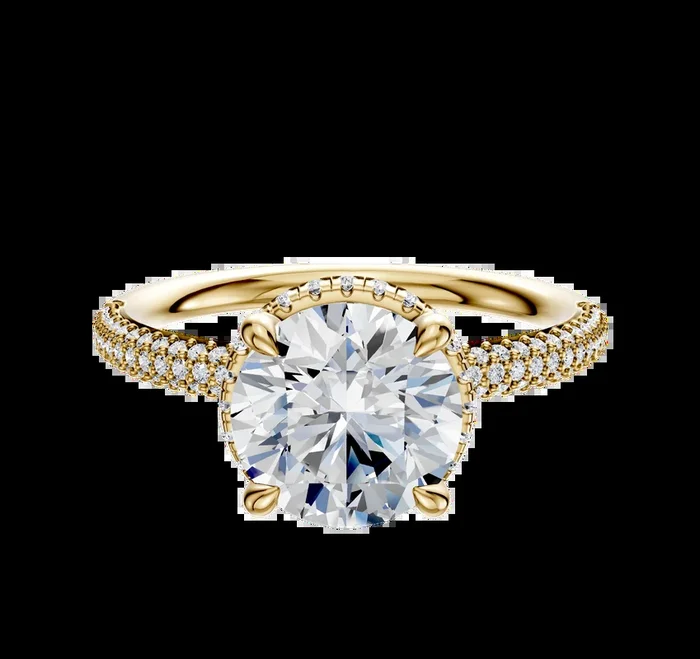 14K Yellow Gold 4 Prong Collar Classic Dome 3-Row-Pave 2.0mm Engagement Ring
