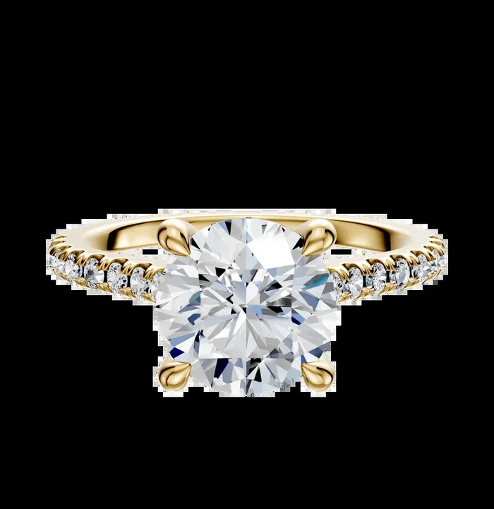14K Yellow Gold 4 Prong Hidden Halo Cathedral Dome 1-Row-Pave 2.5mm Engagement Ring