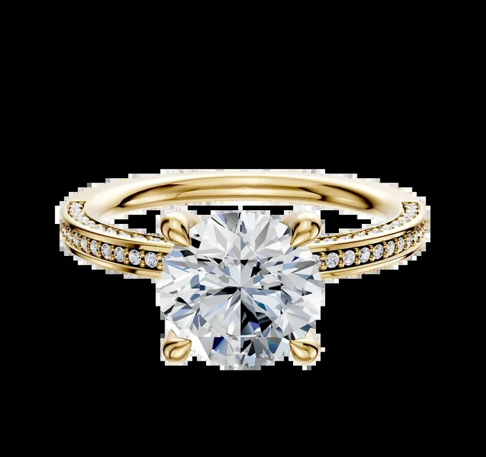 14K Yellow Gold 4 Prong Hidden Halo Classic Flat 3-Row-Pave 2.0mm Engagement Ring