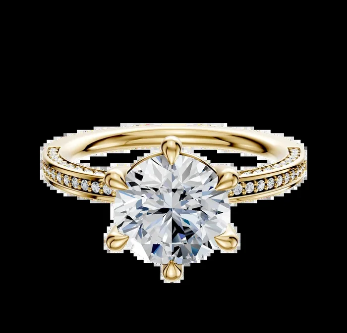 14K Yellow Gold 6 Prong Basket Classic Flat 3-Row-Pave 2.0mm Engagement Ring