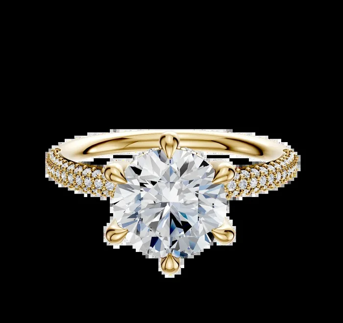 14K Yellow Gold 6 Prong Hidden Halo Classic Dome 3-Row-Pave 2.0mm Engagement Ring