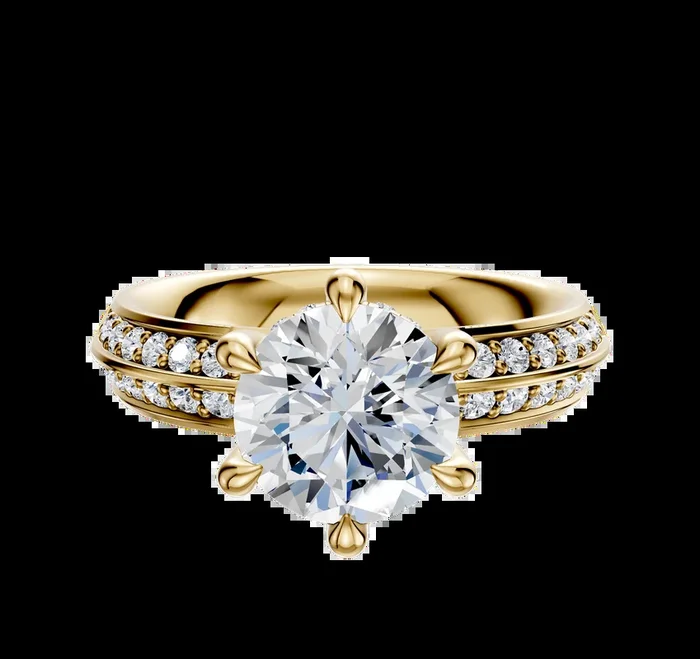 14K Yellow Gold 6 Prong Hidden Halo Classic Knife Edge 1-Row-Pave 2.5mm Engagement Ring