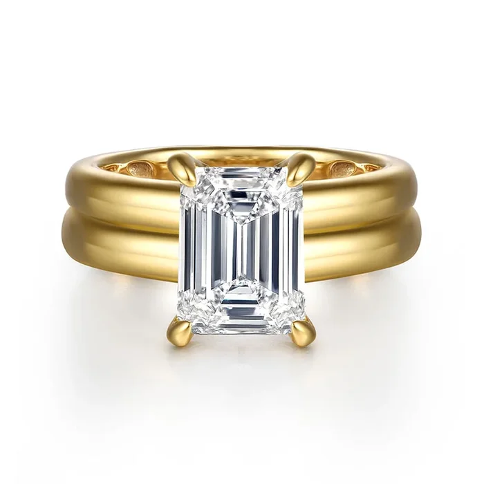 14K Yellow Gold ‘Robin’ Wide Band Emerald Cut Natural Diamonds Engagement Ring