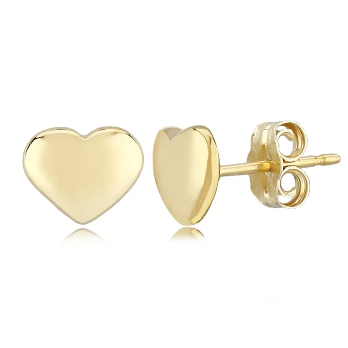 14K Yellow Gold 8mm Flat Heart Stud Earrings